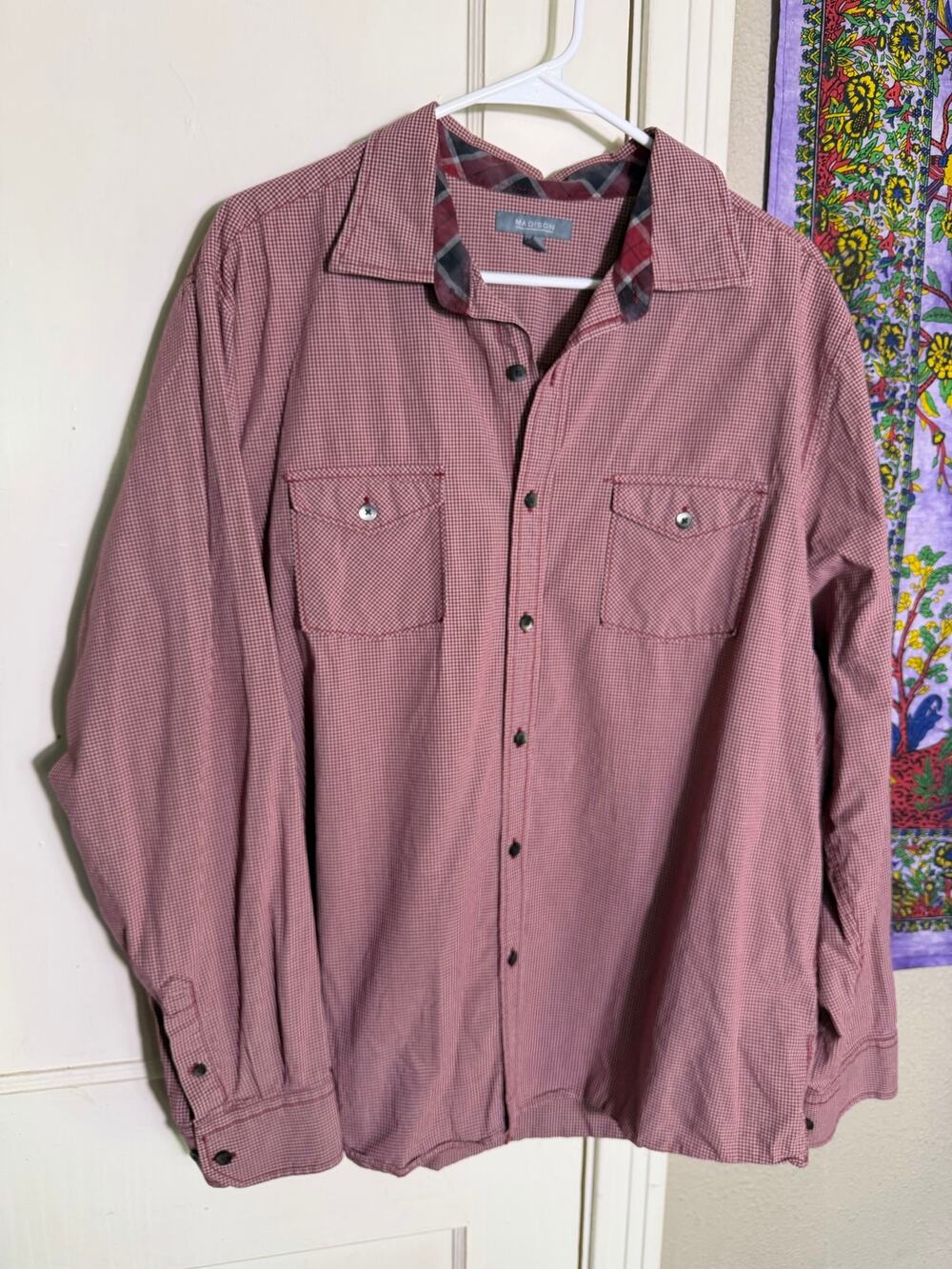 Madison Mens XL Red White Button Down Shirt Long Sleeve 100% Cotton